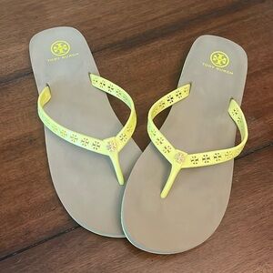 Tory Burch “Miranda” Cyber-Yellow and Tan Logo Flip Flops - Size 9